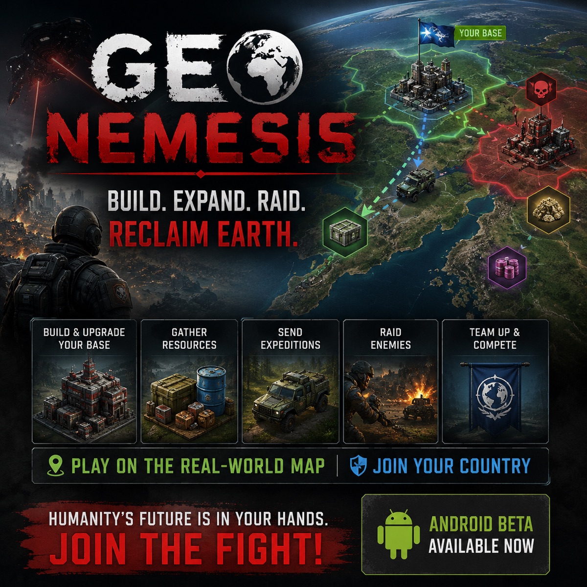 Geo Nemesis key art showing bases, resources, expeditions, and enemy strongholds across the real-world map